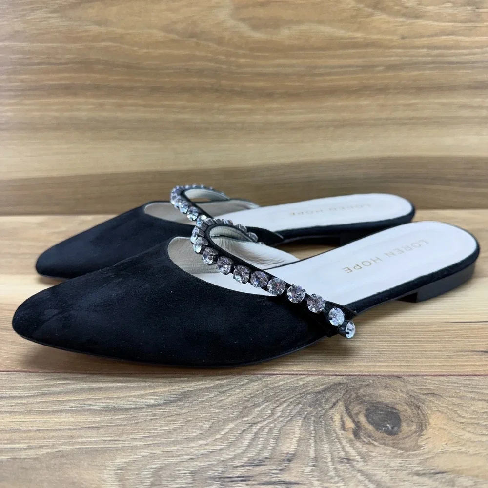 LOREN HOPE Audrey Slides Crystal 7 EU 38 Black Suede Pointed Toe Mules Flats
